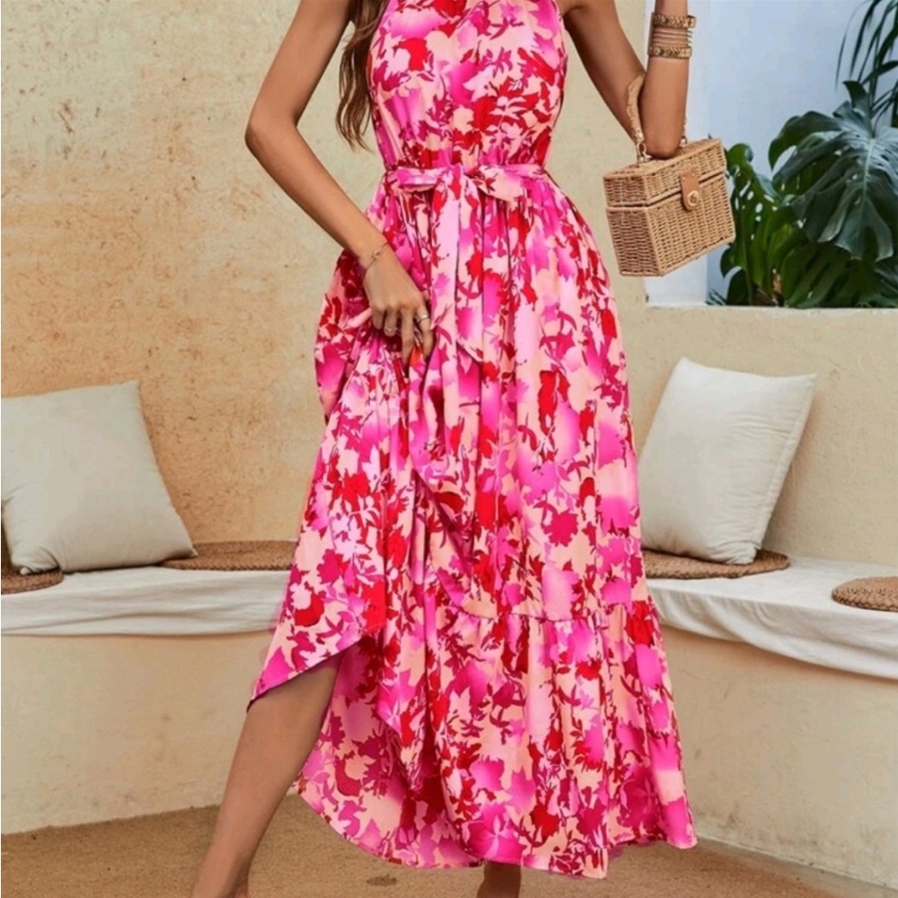 MULTICOLOR FLORAL BELTED A LINE MAXI BOHEMIAN DRESS